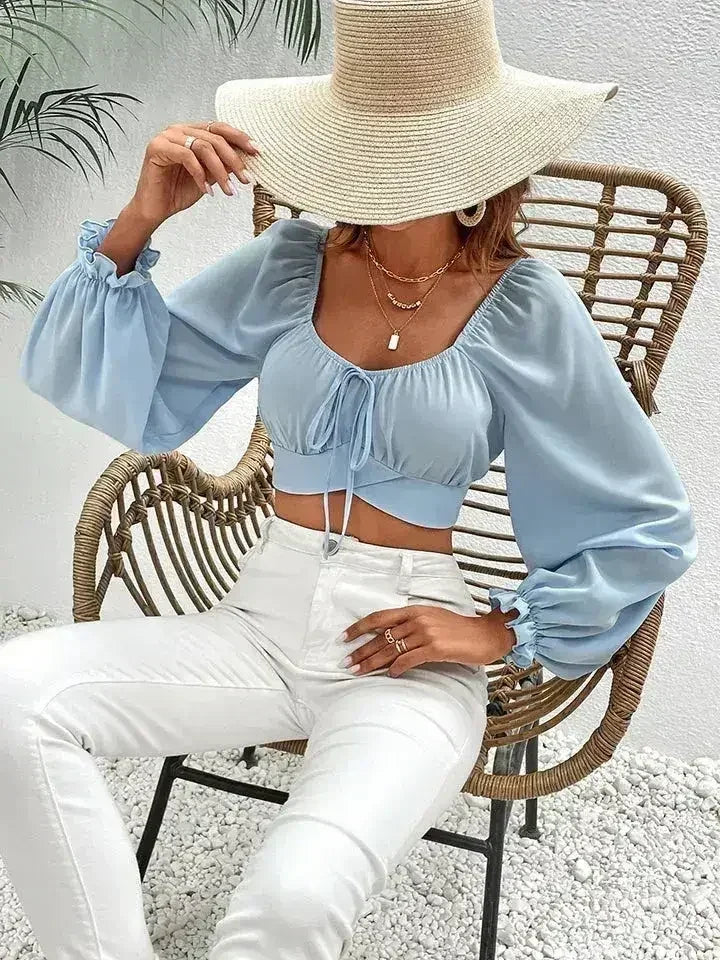 Light Blue Honey Raglan Sleeve Cropped Blouse | Femstylo - Femstylo