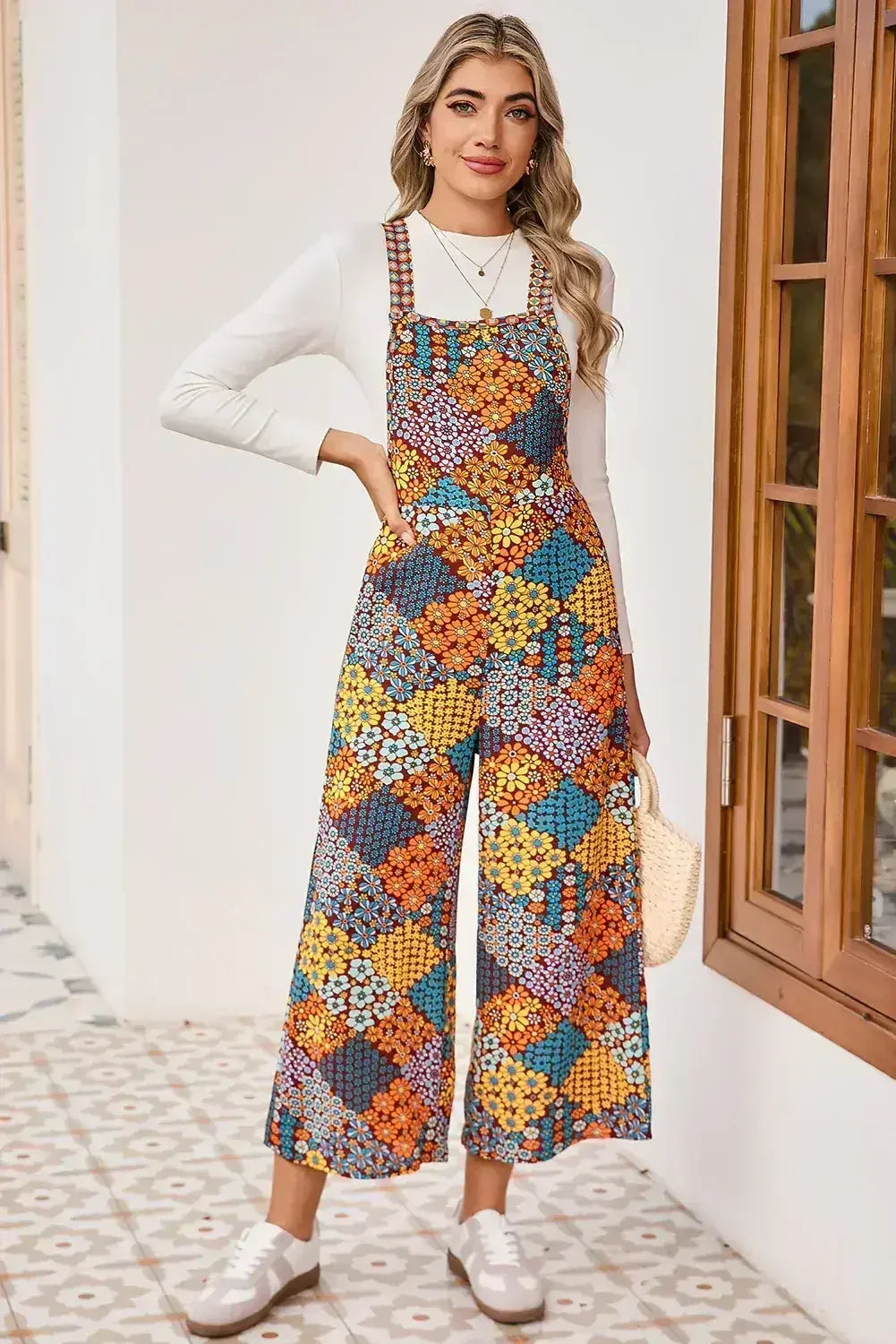 Multicolour Boho Floral Print Cropped Wide Leg Overalls - Femstylo