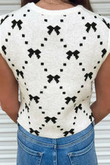 White Bow Pattern Buttoned Side Cropped Sweater Vest - Femstylo
