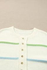 White Rainbow Striped Drop Sleeve Henley Sweater - Femstylo