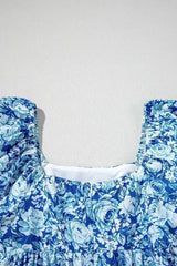 Blue Floral Puff Sleeve Babydoll Mini Dress - Femstylo