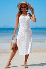 Crochet Beach Coverup Dress – High Split Maxi with U-Neck - Femstylo