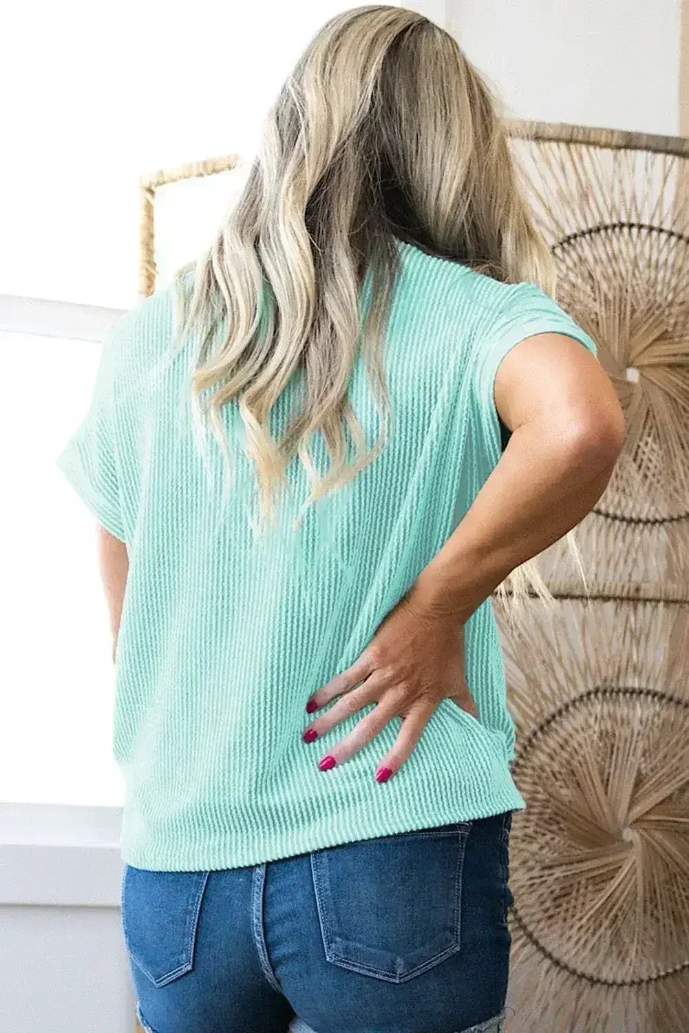 Pink Corded Colorblock Pocket Crew Neck T Shirt - Femstylo