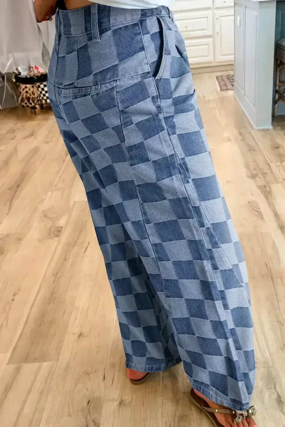 Dusk Blue Checkered Light Washed Wide Leg Jeans - Femstylo