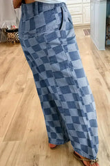 Dusk Blue Checkered Light Washed Wide Leg Jeans - Femstylo