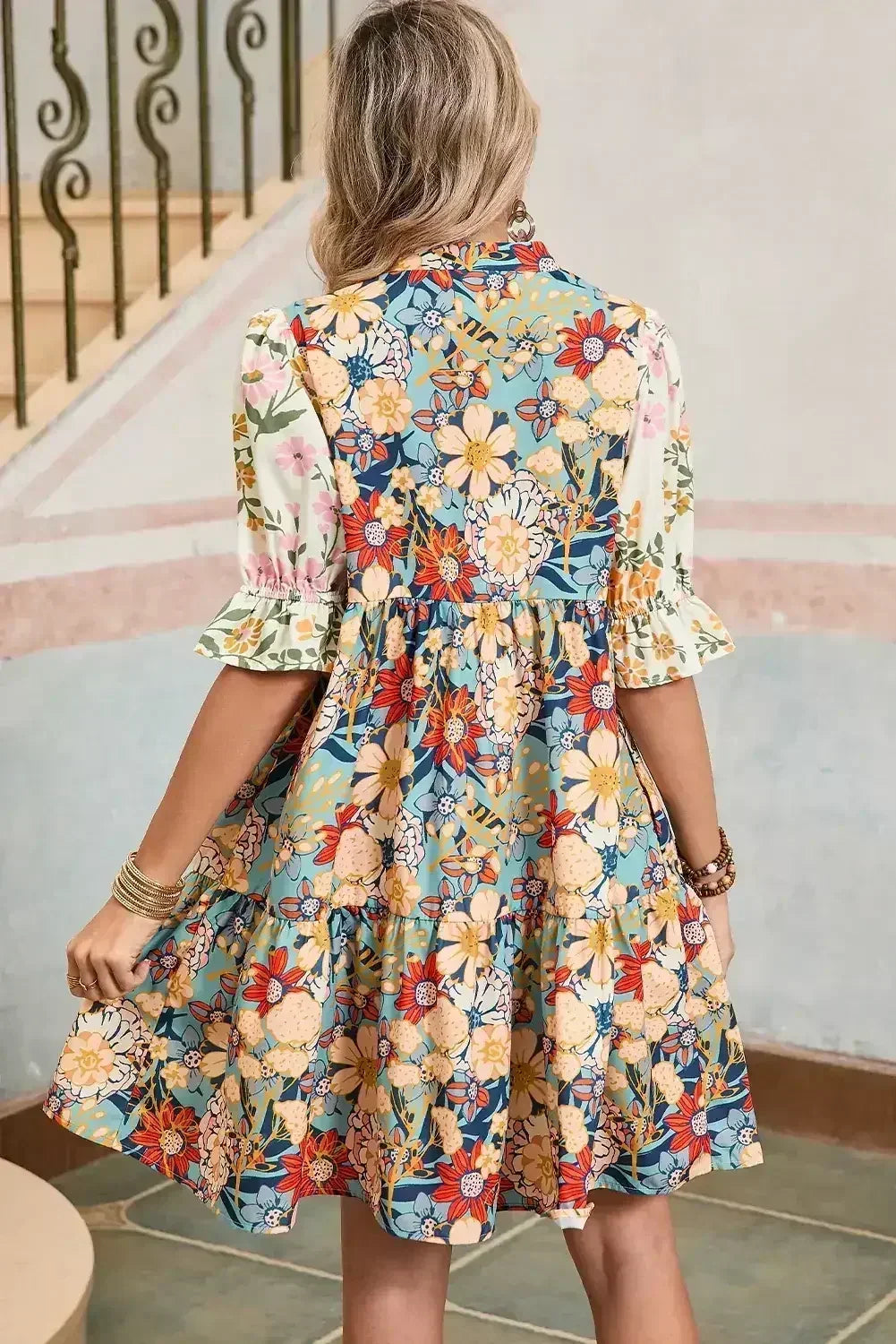 Multicolor Allover Floral Print Tiered Pop of Color Neckline Dress - Femstylo