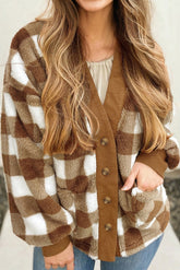 Brown Checkered Sherpa Loose Knit Cardigan with Pockets