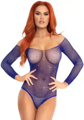 Rhinestone Snap Crotch Bodysuit - One Size - Royal Blue - Femstylo
