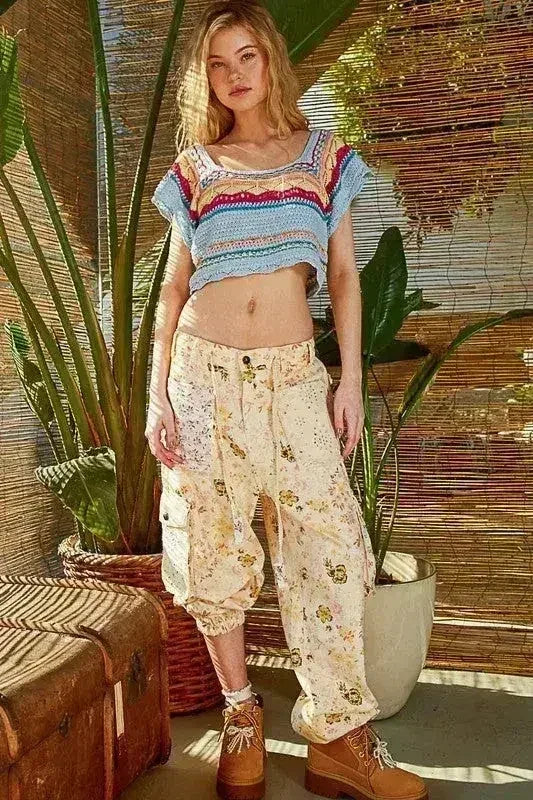 POL Openwork Ethnic Pattern Square Neck Cropped Knit Top - Femstylo