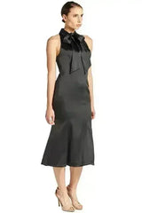 Eloise Dress - Stretch satin midi mermaid dress with neck tie - Femstylo
