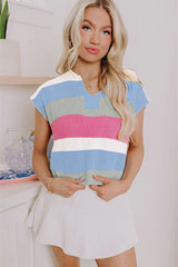 Multicolour Colorblock Notch V Neck Knit T Shirt