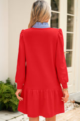 Fiery Red Striped Collar Long Sleeve Ruffle Hem Dress