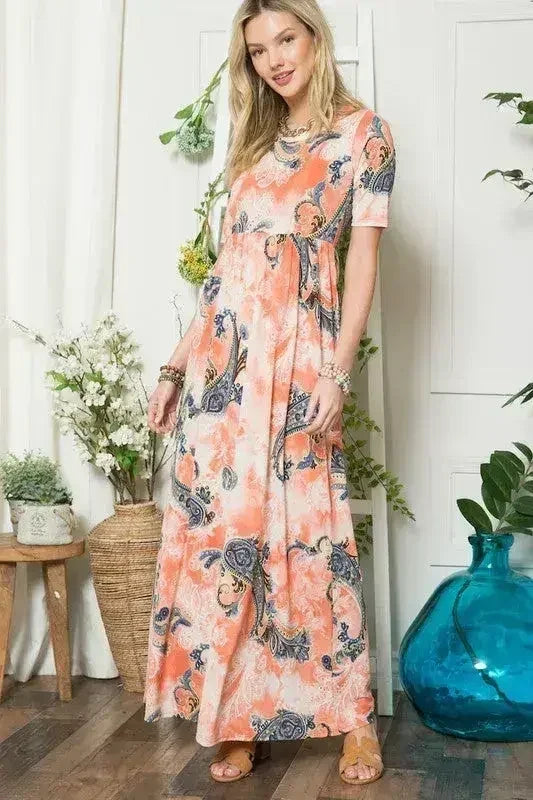 Celeste Paisley Print Short Sleeve Maxi Dress with Pockets - Femstylo