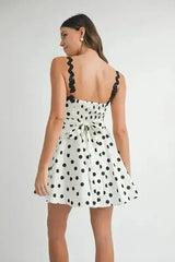 Polka Dot Mini Dress – Ricrac Trim Strap & Smocked Back - Femstylo