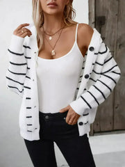 Striped Button Up Long Sleeve Hooded Cardigan - Femstylo