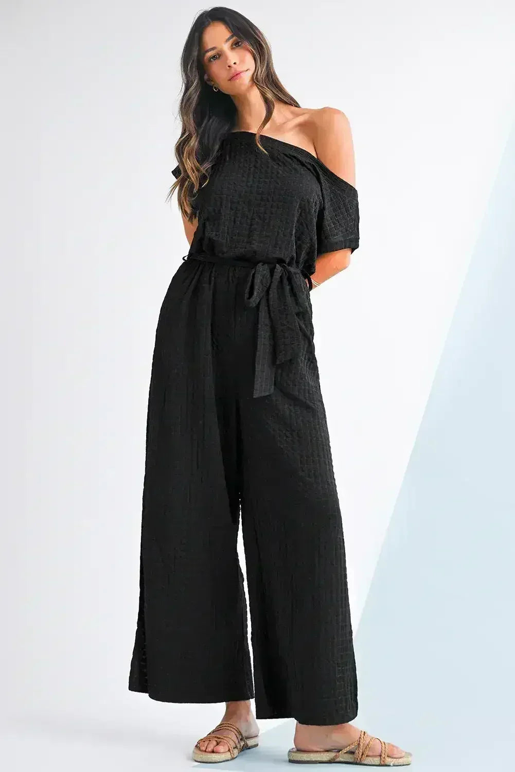Black Checkered Mesh One Shoulder Short Sleeve Knotted Waist Jumpsuit - Femstylo