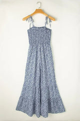 Dusk Blue Floral Print Spaghetti Straps Smocked Wide Leg Jumpsuit - Femstylo