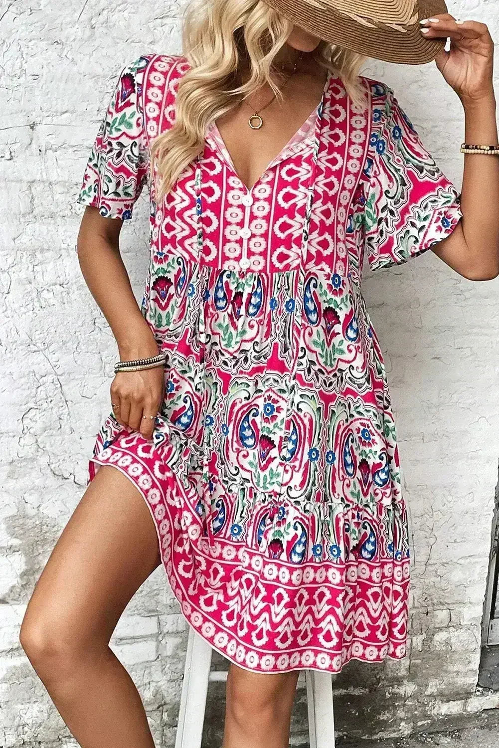 Pink Bohemian Tie Neck Flounce Sleeve Ruffle Hem Mini Dress - Femstylo