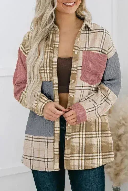 Plaid Color Block Patchwork Shirt Jacket with Pocket - Femstylo