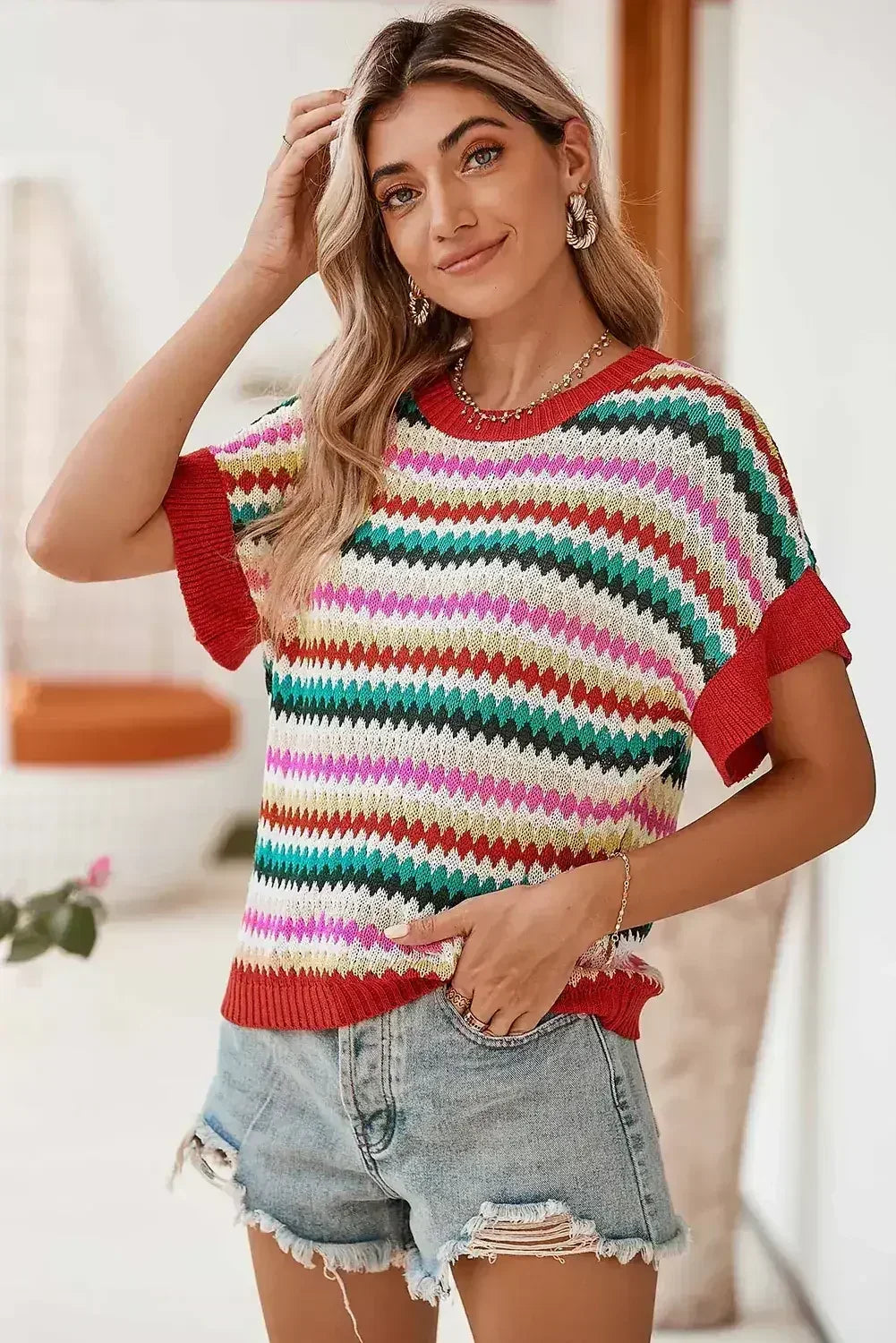 Fiery Red Striped Diamond Print Ruffle Sleeve Knit Top - Femstylo
