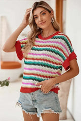 Fiery Red Striped Diamond Print Ruffle Sleeve Knit Top - Femstylo