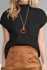 Mineral Red Patch Pocket Ribbed Knit Short Sleeve Sweater - Femstylo