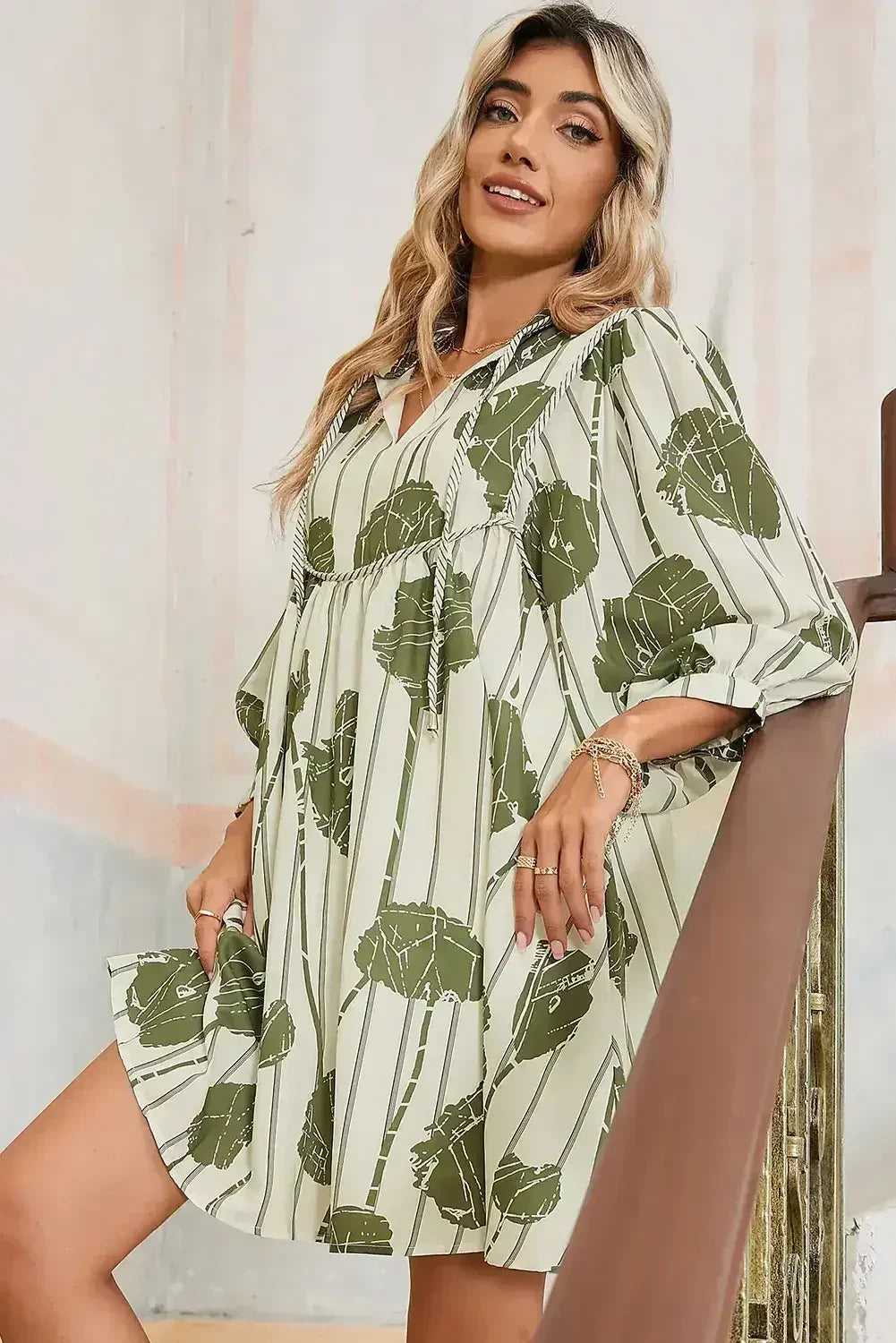 Guacamole Green Abstract Print Striped V-Neck Mini Dress - Femstylo