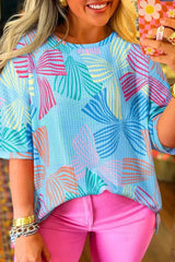 Sky Blue Bowknot Print Waffle Loose Tee - Femstylo