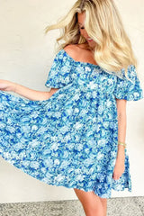 Blue Floral Puff Sleeve Babydoll Mini Dress - Femstylo