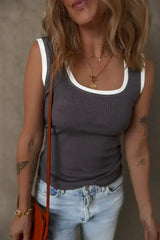 Smoke Gray Ribbed Knit Contrast Edge U Neck Slim Fit Tank Top - Femstylo