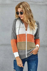 Womens Zipped Front Gray Colorblock Hollow-out Knit Hoodie - Femstylo