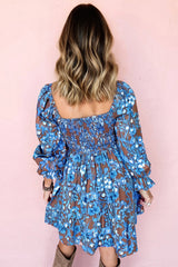Blue Smocked Bodice High Waist Ruffled Sleeve Floral Dress