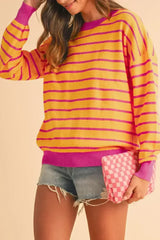 Pink Stripe Round Neck Drop Shoulder Loose Sweater - Femstylo