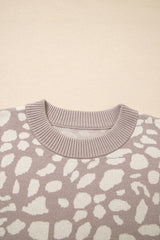 Gray Leopard Spots Pattern Ribbed Trim Drop Shoulder Sweater