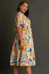 Umgee Abstract Print Midi Dress – Flutter Sleeves & Tiered Frill Detail - Femstylo