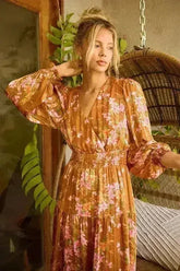 Mittoshop Flower Print Satin Lurex Stripe Smocked Midi Dress - Femstylo