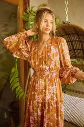 Mittoshop Flower Print Satin Lurex Stripe Smocked Midi Dress - Femstylo