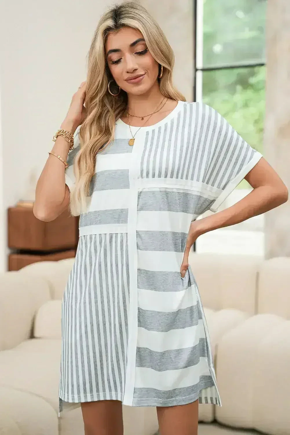 Gray Stripe Mixed Printed Short Sleeve Shift Mini T Shirt Dress - Femstylo