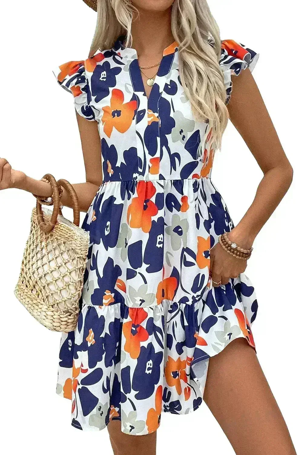 Rose Floral Print Notched Neck Flutter Sleeve Mini Dress - Femstylo