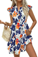 Rose Floral Print Notched Neck Flutter Sleeve Mini Dress - Femstylo