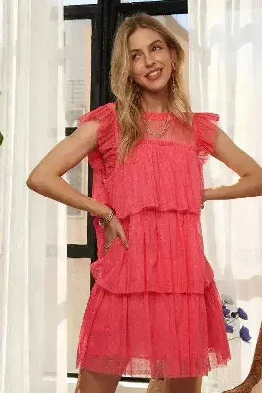 ADORA Layered Ruffled Cap Sleeve Mesh Dress - Femstylo