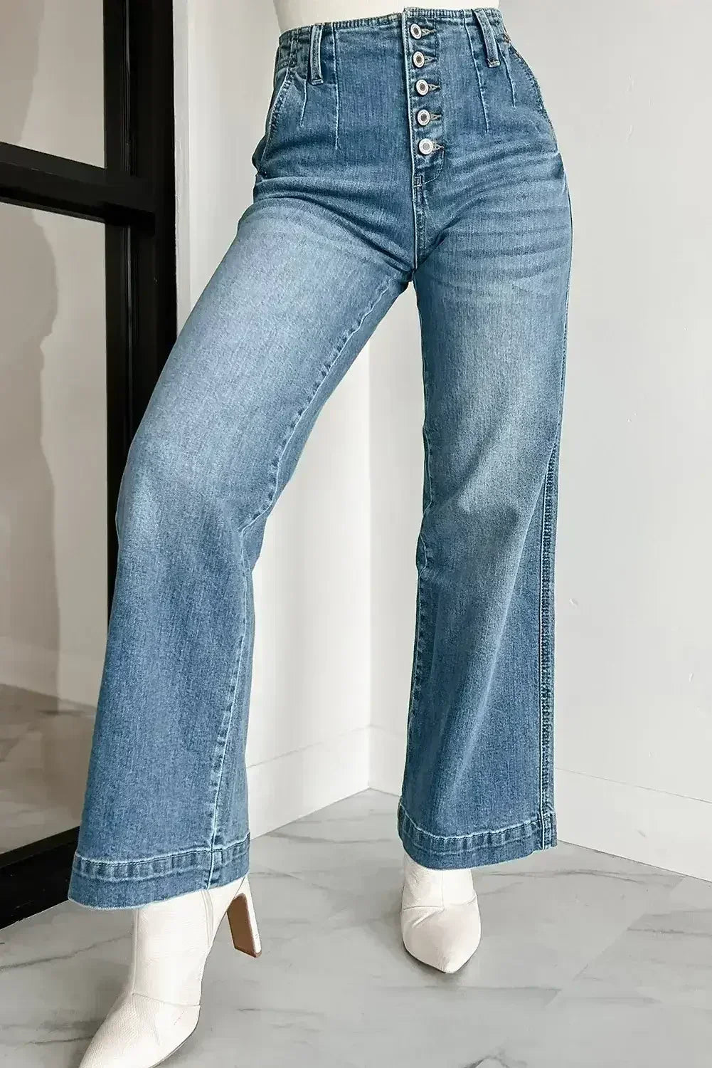 Dusk Blue Multi Button Waist Wash Straight Leg Jeans - Femstylo