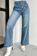 Dusk Blue Multi Button Waist Wash Straight Leg Jeans - Femstylo