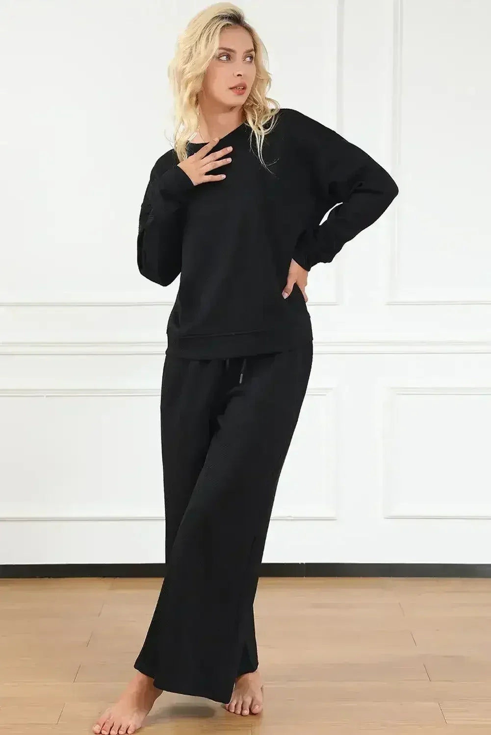 Black Ultra Loose Textured 2pcs Slouchy Outfit - Femstylo