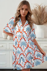 Orange Palm Tree Print Short Sleeve Flowy Dress - Femstylo