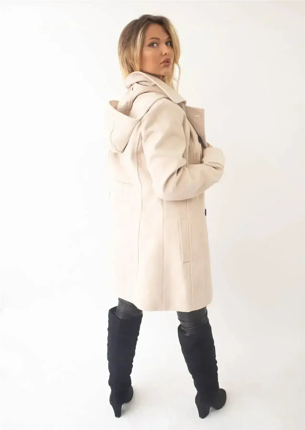 Wool Feel Double Breasted Hooded Coat - Femstylo