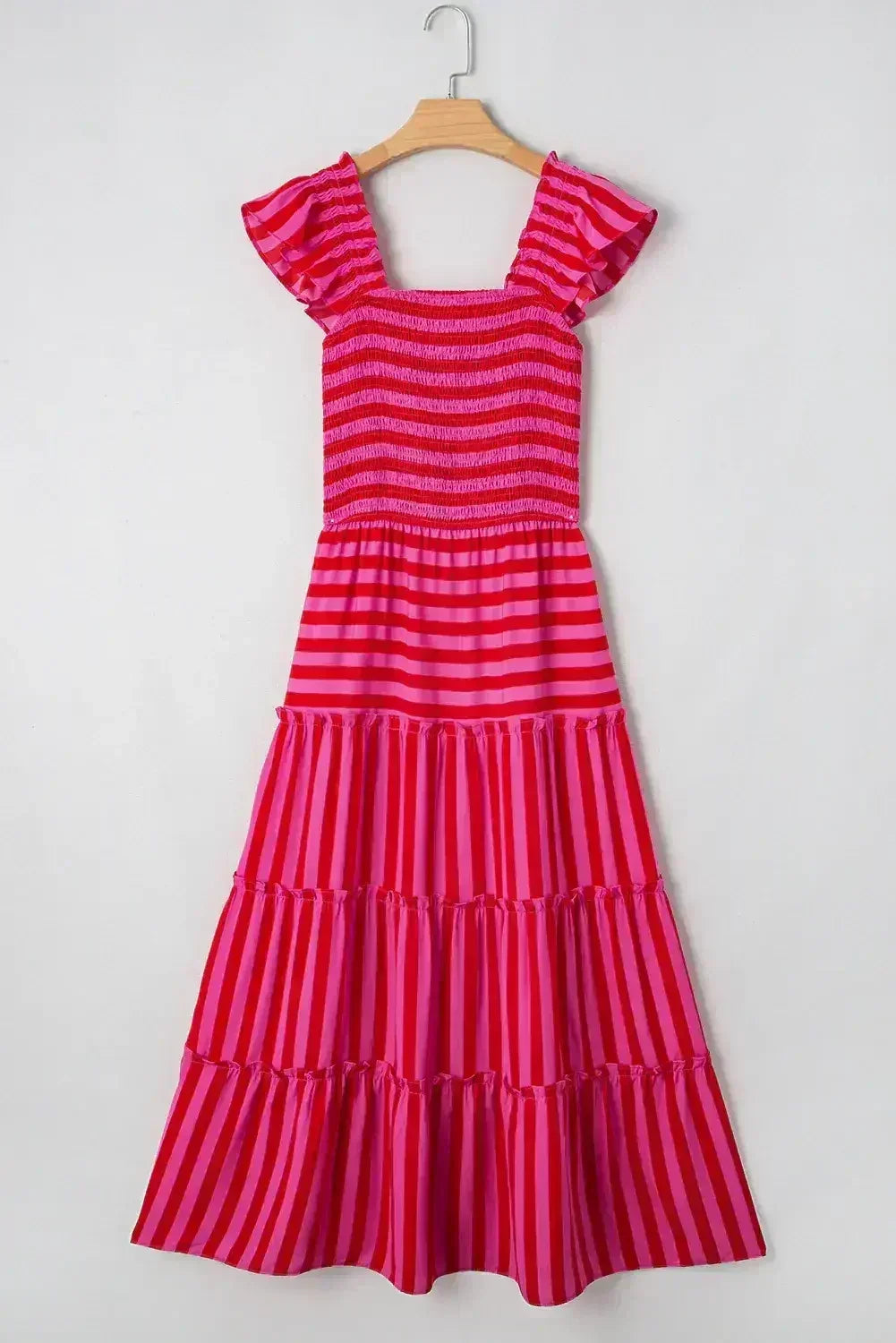 Rose Stripe Ruffle Strap Shirred Bodice Tiered Maxi Dress - Femstylo