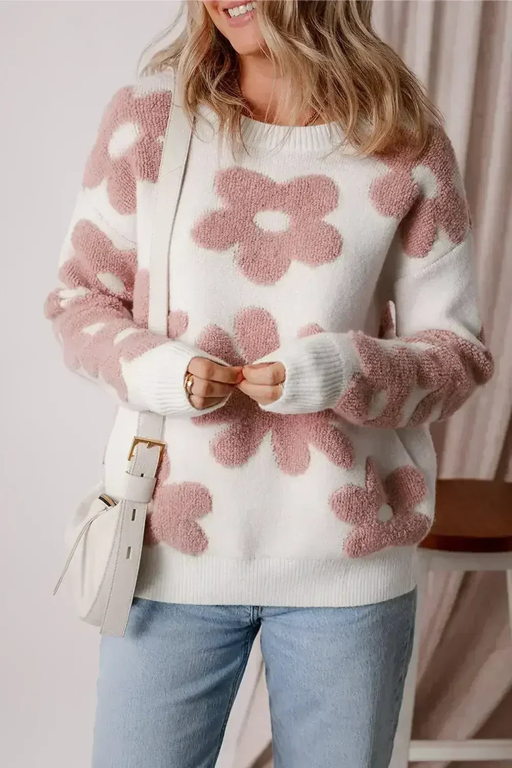 White Vintage Flower Drop Shoulder Loose Sweater - Femstylo