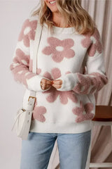 White Vintage Flower Drop Shoulder Loose Sweater - Femstylo