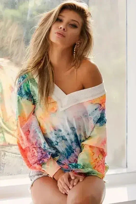 BiBi Tie Dye Soft Knit Jersey V-Neck Top | Femstylo - Femstylo